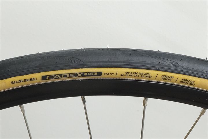 Cadex Aero Cotton 28 road bike tire on a rolling resistance test machine