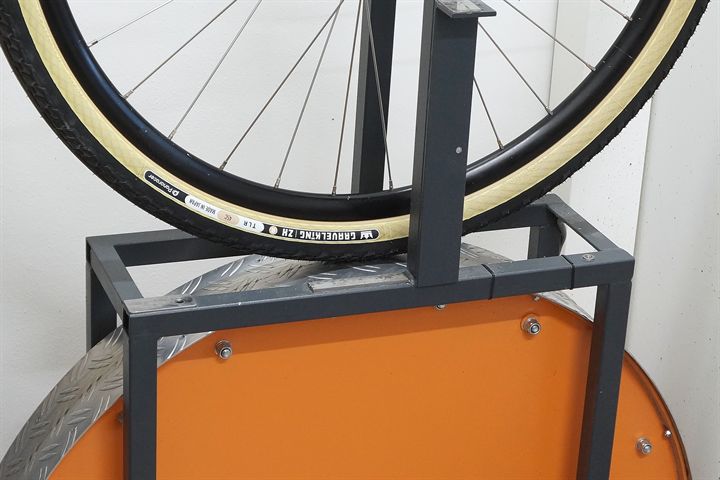 Panaracer GravelKing ZX R 45 road bike tire on a rolling resistance test machine