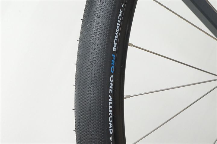 Schwalbe Pro One Allroad 40  mountain bike tire on a rolling resistance test machine