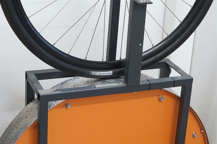 Silca Protocol RCR 38 road bike tire on a rolling resistance test machine