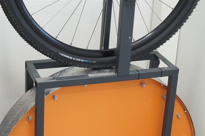 Schwalbe G-One RX Pro 45 Schwalbe G-One RX Pro 45 road bike tire on a rolling resistance test machine