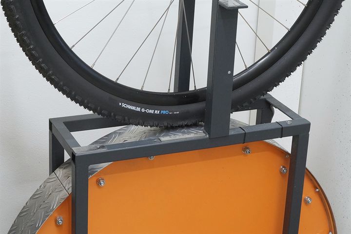 Schwalbe G-One RX Pro 50 Schwalbe G-One RX Pro 50 road bike tire on a rolling resistance test machine